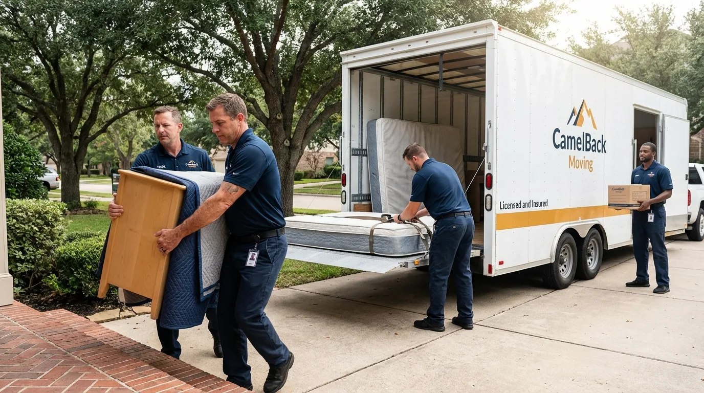 Crew loading residential truck for cross-state move from Arroyo Seco, NM
