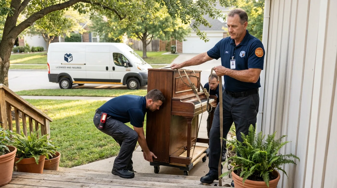 Licensed piano movers securing grand piano in Arroyo Seco, NM
