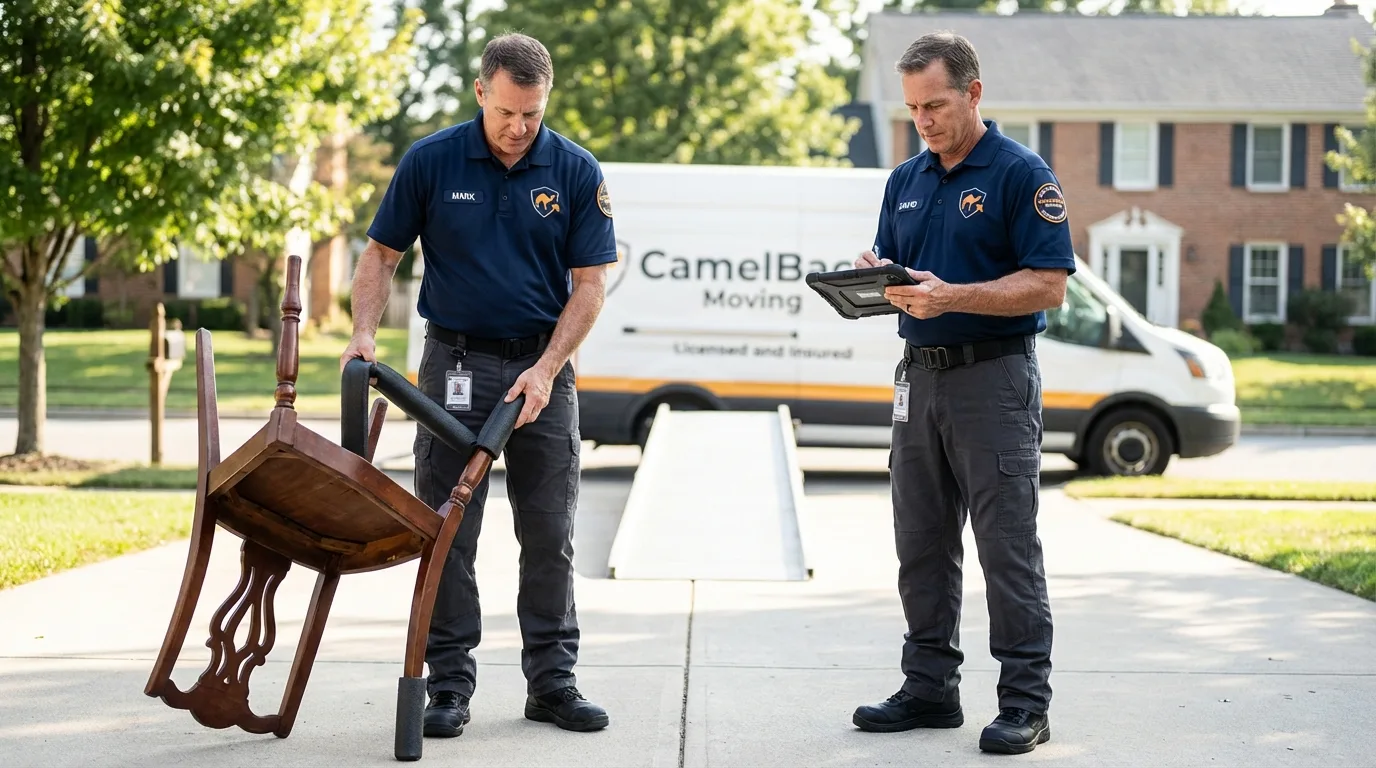 Movers inspecting furniture for damage prevention before loading in Arroyo Seco, NM