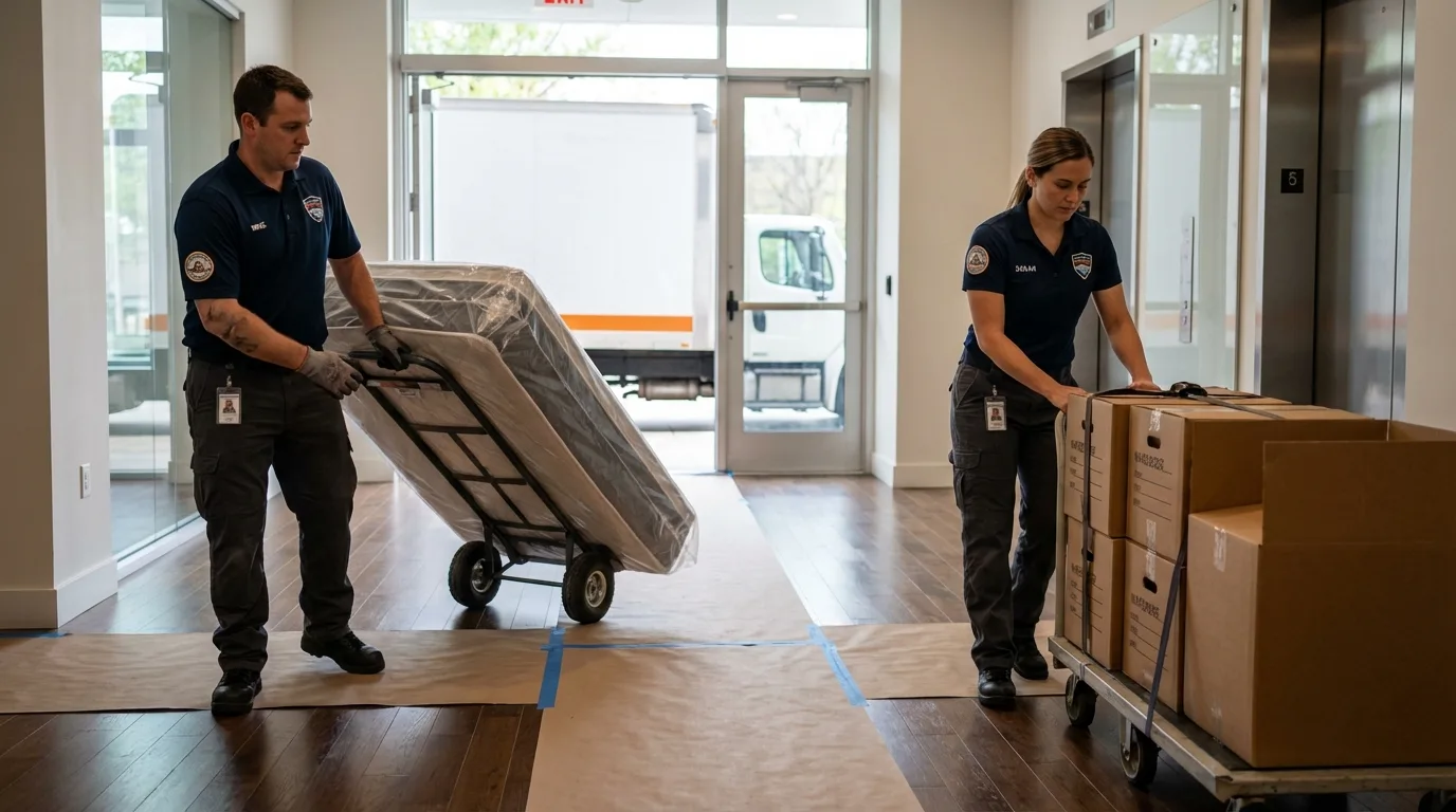 Professional apartment movers loading elevator in Arroyo Seco, NM