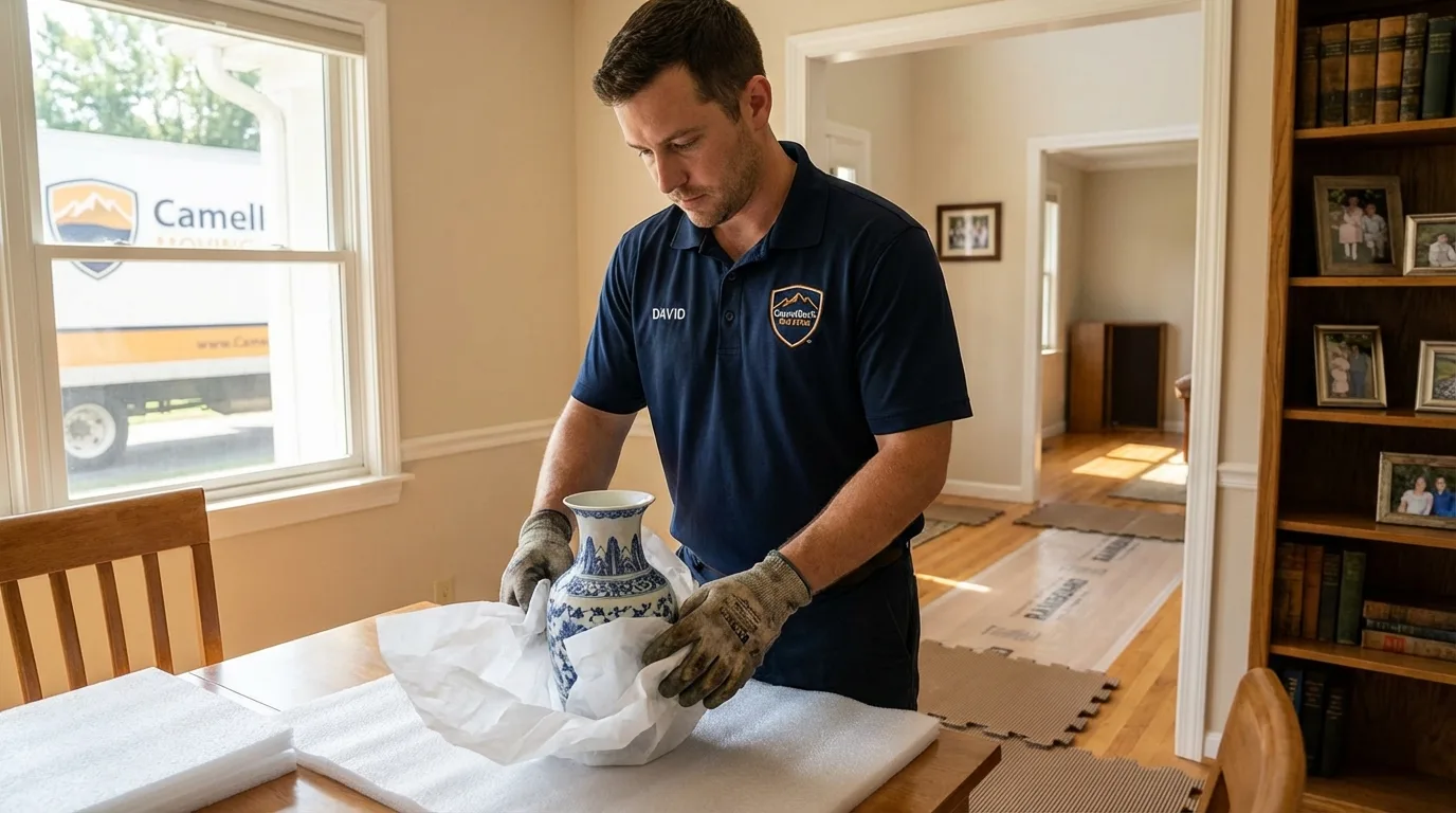 Professional crew carefully wrapping antique vase for senior downsizing move in Arroyo Seco, NM