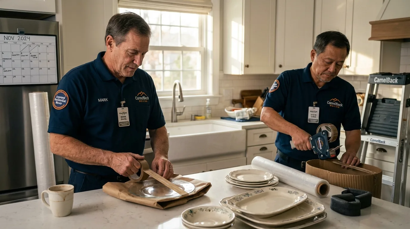 Professional crew packing kitchen dishware in Arroyo Seco, NM
